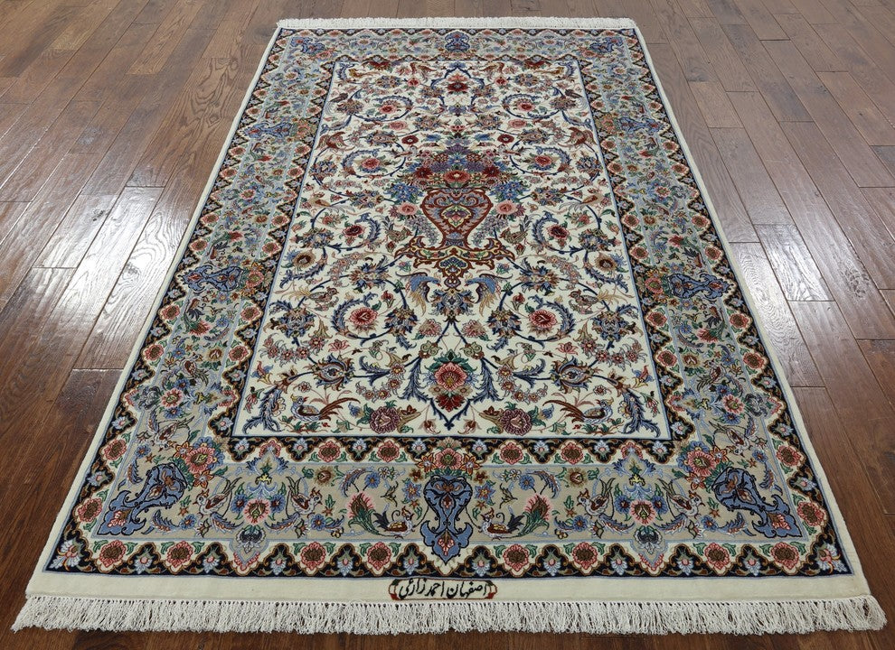 Wool and Silk Authentic Persian Hand Knotted Signed Isfahan Area Rug, 5'x8'
