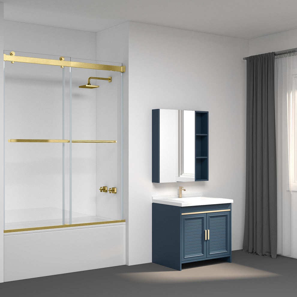 Spezia 60" W x 58" H Double Sliding Frameless Tub Door, Brushed Gold, 60" W X 58" H