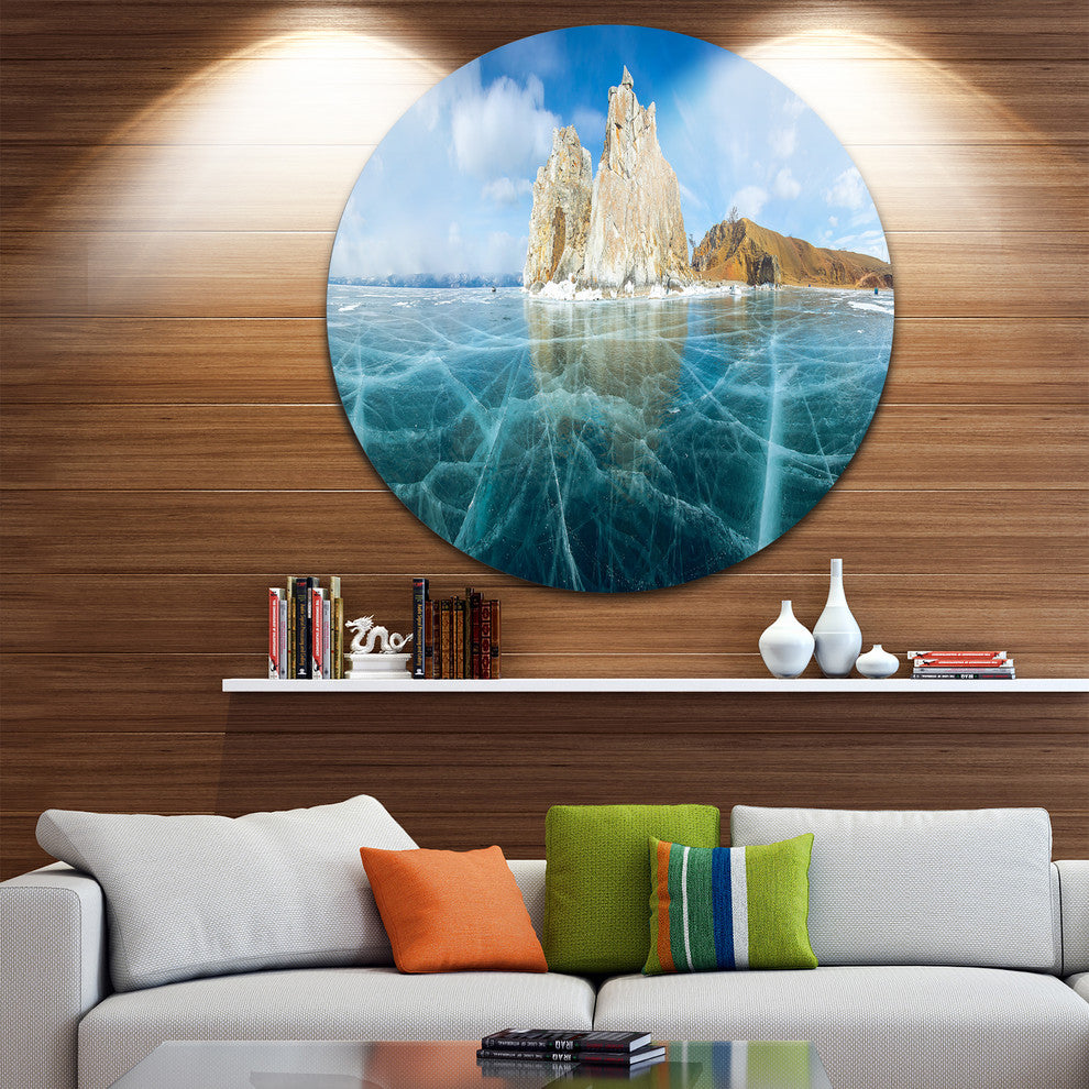 Lake Baikal Ice And Rocks Panorama, Seascape Disc Metal Artwork, 36"
