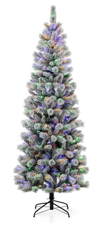 7.5ft Pre-Lit Flocked Pencil Pine Artificial Christmas Tree With 300 Warm Lights