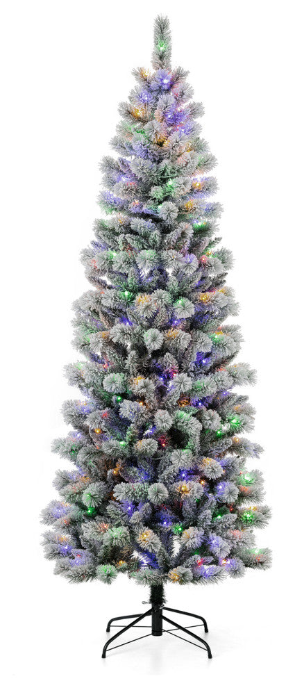 7.5ft Pre-Lit Flocked Pencil Pine Artificial Christmas Tree With 300 Warm Lights