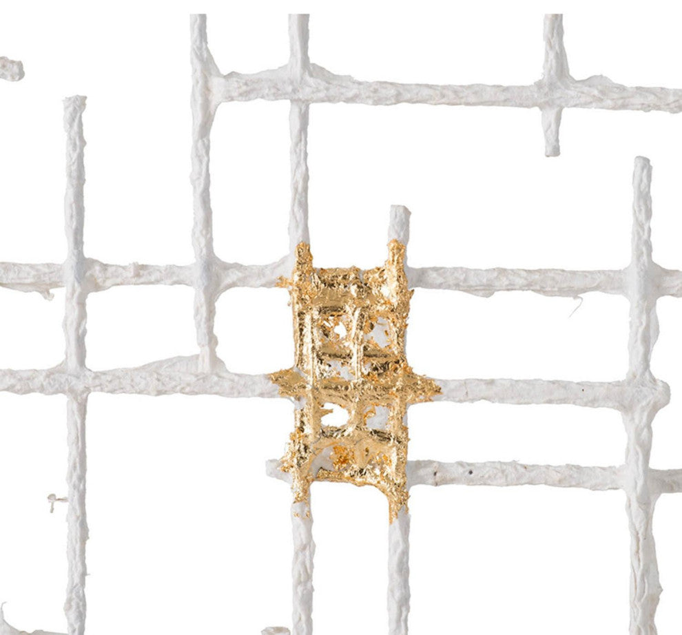 Contemporary Large White and Gold Geo Grid Wall Art
