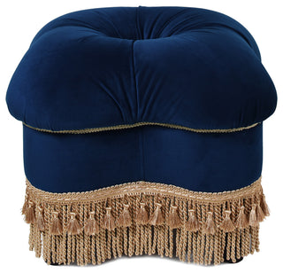 Ellen Tufted Bullion Trim Ottoman, Navy Blue & Gold