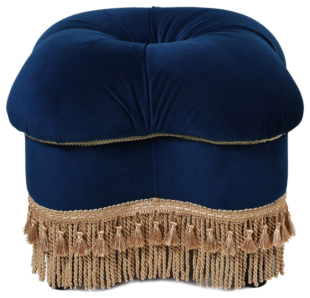 Ellen Tufted Bullion Trim Ottoman, Navy Blue & Gold