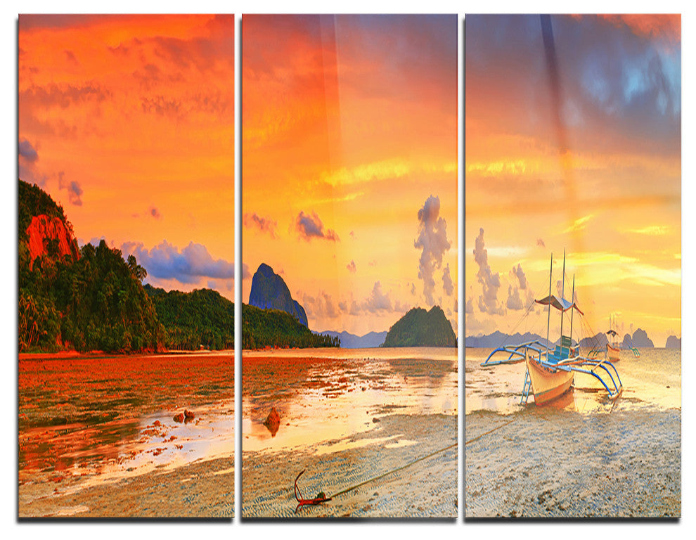 "Boat at Sunset Panorama" Photo Metal Wall Art, 3 Panels, 36"x28"