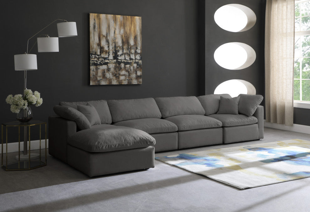 Plush Velvet / Down Standard Comfort L-Shaped Modular Sectional, Gray, 5-Piece: 2 Armless Chair, 2 Corner Chair, 1 Ottoman