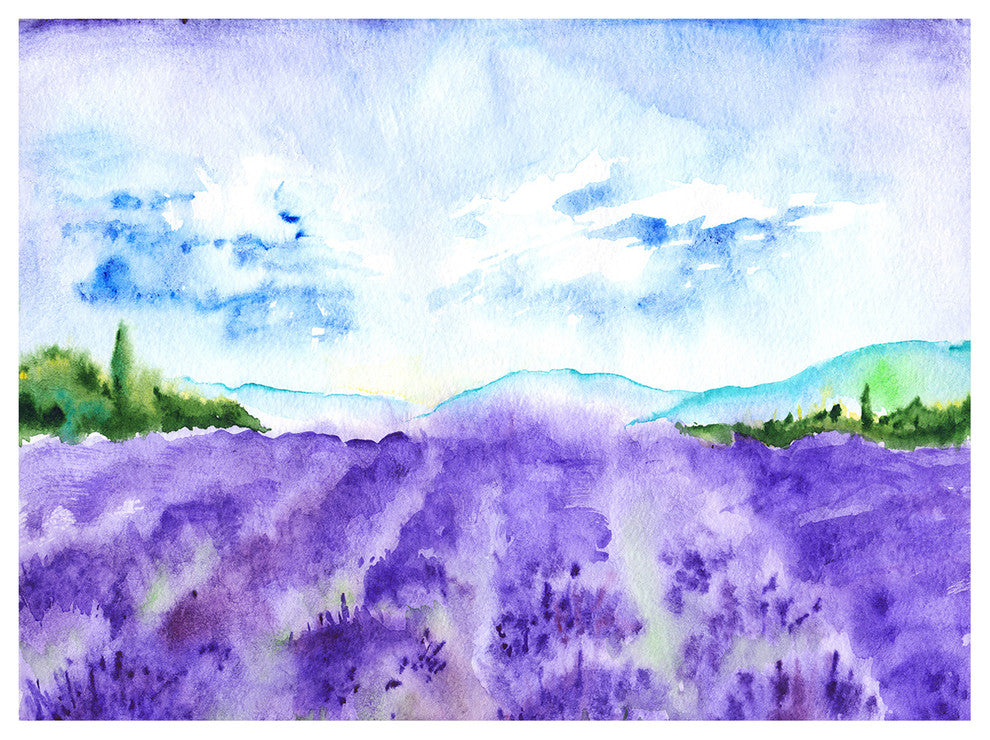 Blue Lavender Fields Watercolor, Landscape Canvas Art Print, 40"x30"