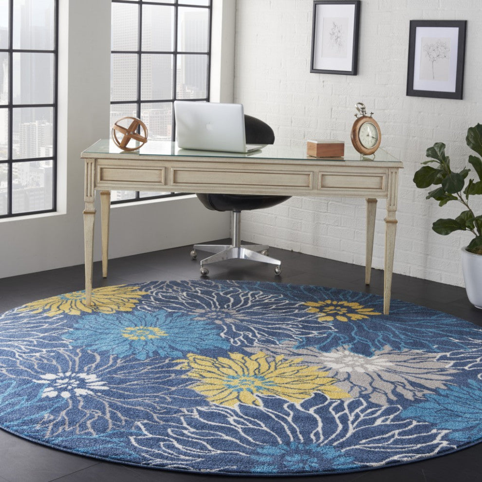 8 Round Blue Tropical Flower Area Rug