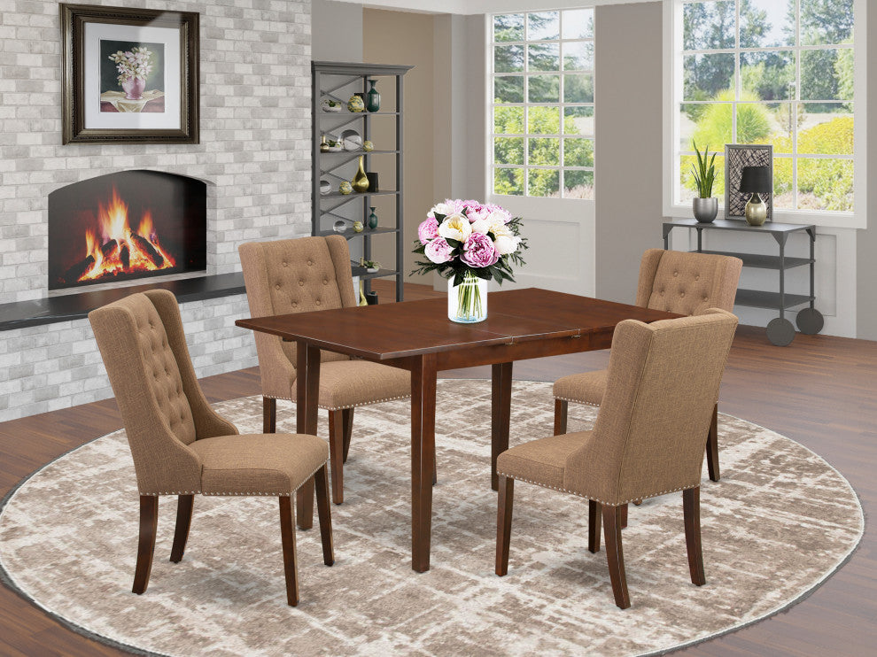5Pc Dining Set, 1 Butterfly Leaf Table, 4 Light Sable Chairs, Mahogany Finish