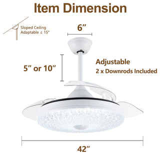 42" Crystal Retractable Ceiling Fan with 6-SPEED, LED light and Remote, White