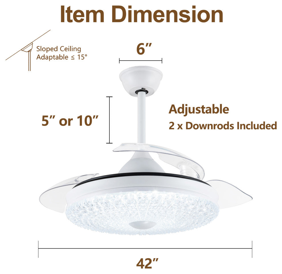 42" Crystal Retractable Ceiling Fan with 6-SPEED, LED light and Remote, White