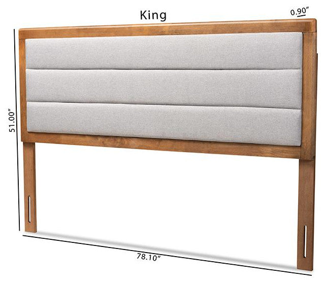 Light Grey Fabric Upholstered and Walnut Brown Finished Wood King Size Headboard