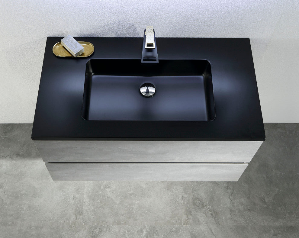 Alma-Edi Cement Grey Wall Mounte Vanity With Black Sink, 36"