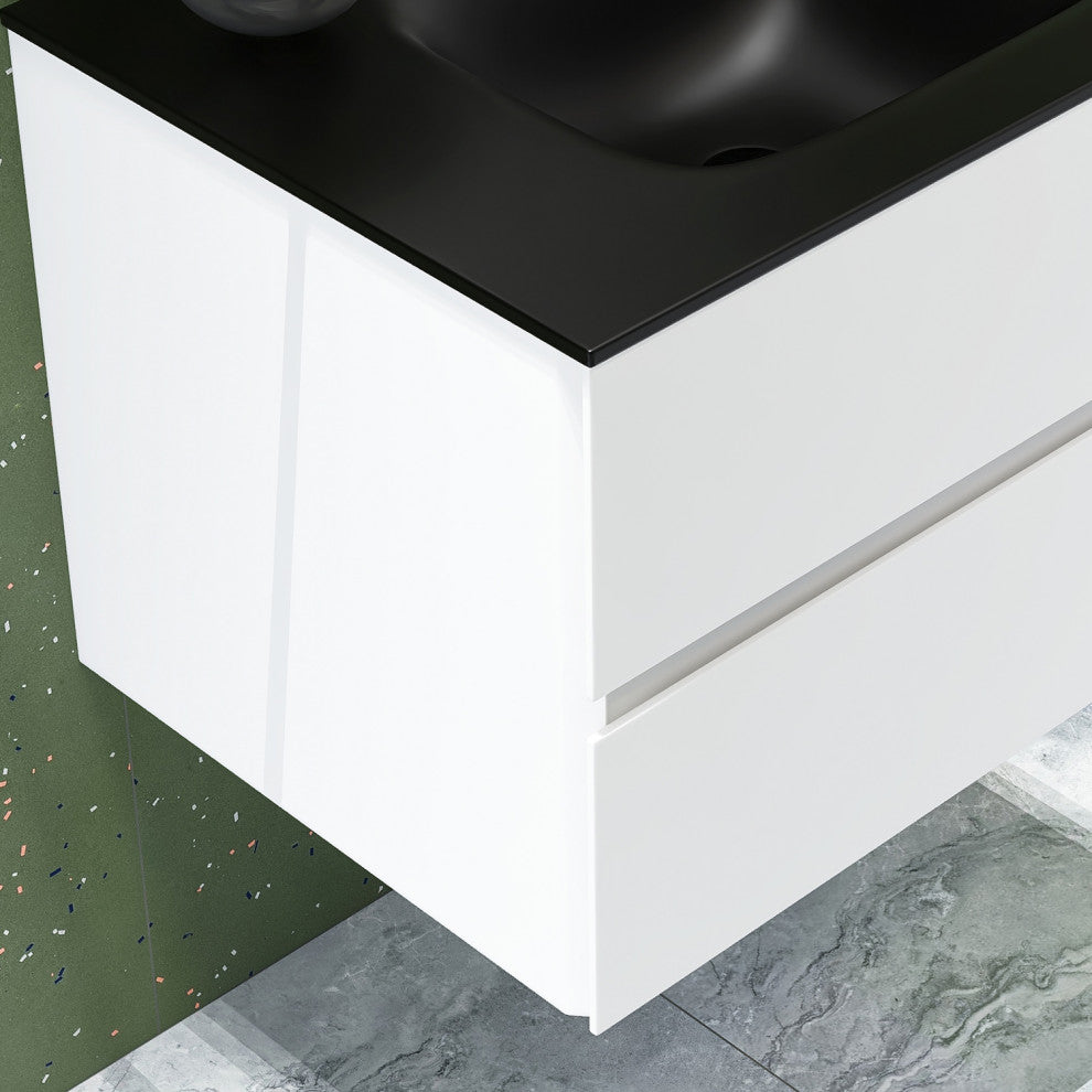 Wall-Mounted Bathroom Vanity Set in White with Black Top and Integrated Sink, 30"