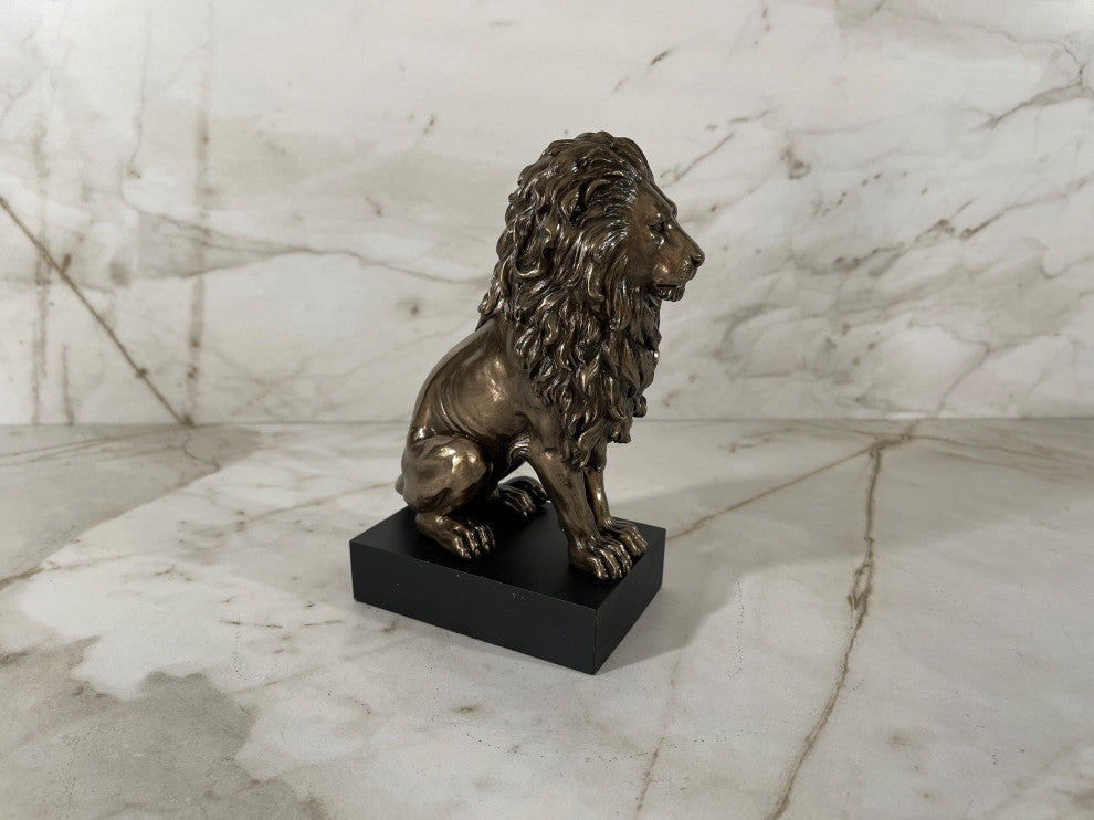 Sitting Bronze Lion Statue on Black Base By Veronese Design