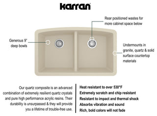 Karran Undermount Quartz 32" 50/50 Double Bowl Kitchen Sink Kit, Bisque