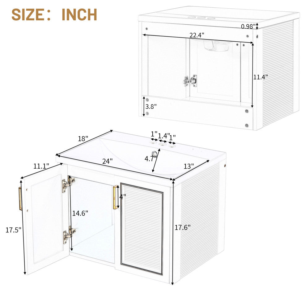 24 inch MDF Wall-Mounted Bathroom Vanity Set Integrated Ceramic Sink