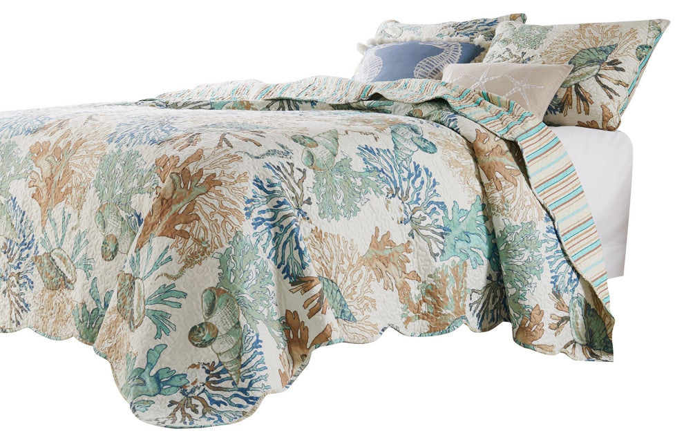 Benzara BM281993 King Quilt Set, Ocean Design, Scalloped Edges, Floral Pattern