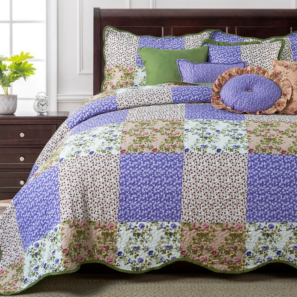 Patchwork Quilted 8-Piece Bed Spread Coverlet Set, Pink, Queen