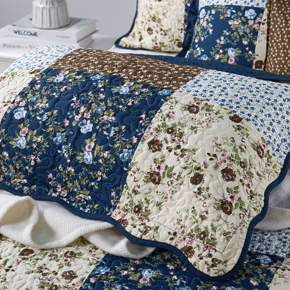 Patchwork Quilted 8-Piece Bed Spread Coverlet Set, Dark Blue, Queen