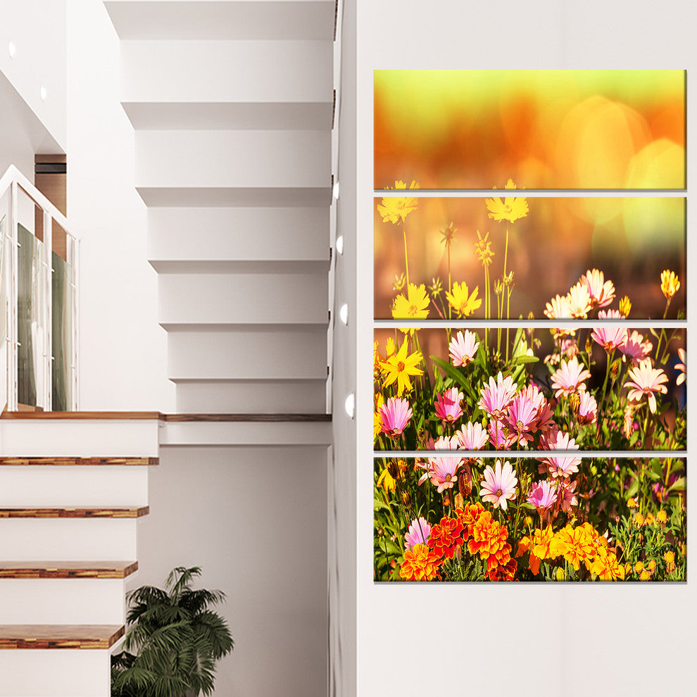Beautiful Multi Color Flowers, Floral Canvas Art Print, 28"x48", 4 Panels