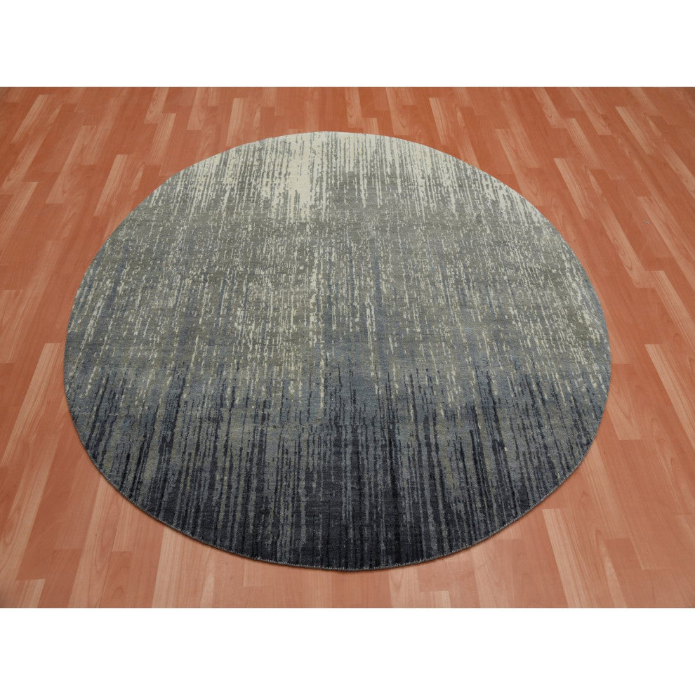 Blue/Gray Densely Woven Hand Knotted Modern Ombre Wool Round Rug, 6'0"x6'0"