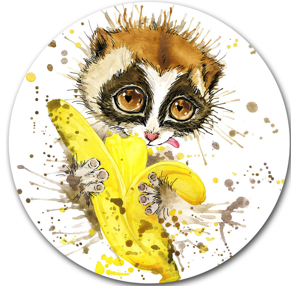 Lemur Eating Banana Graphics Art, Animal Round Wall Art, 11"