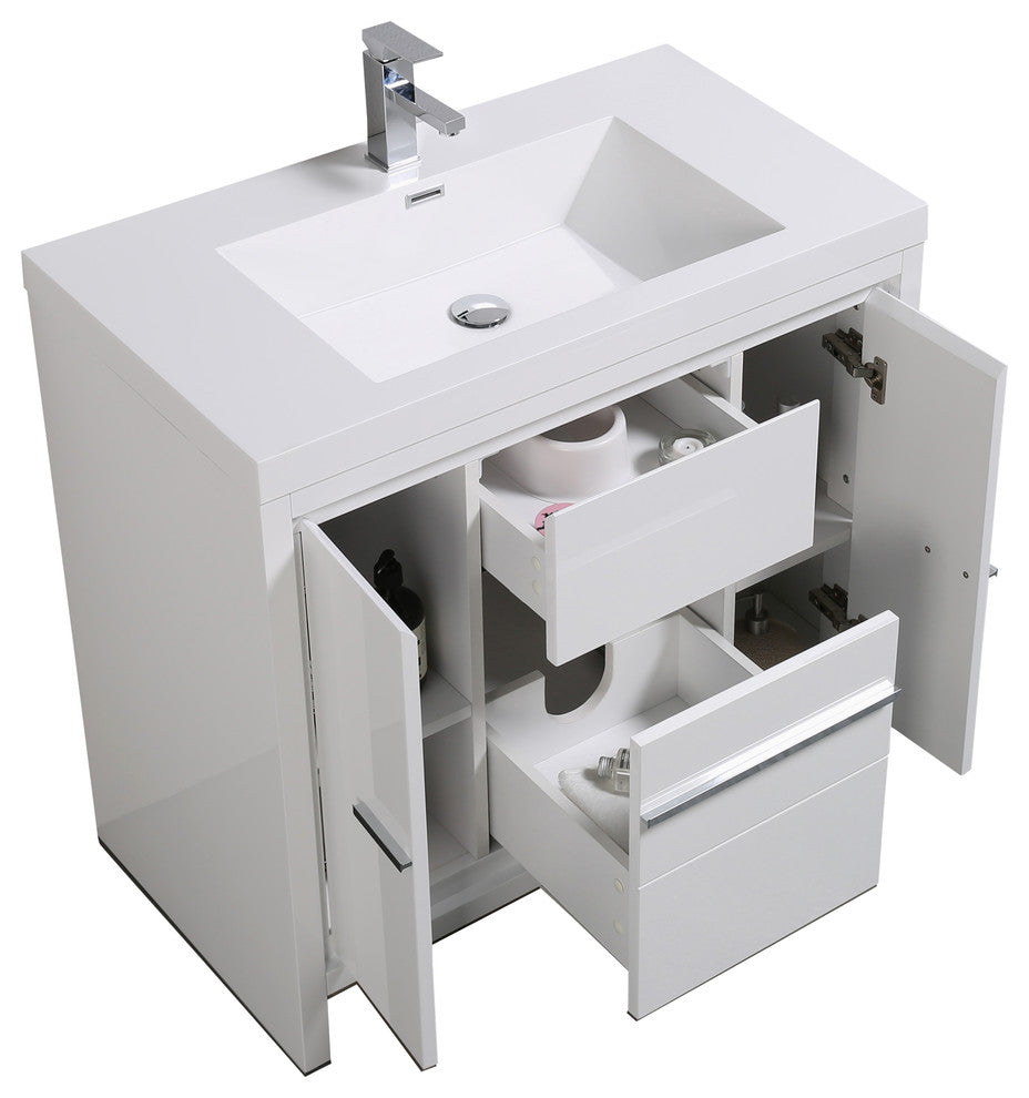 Aquamoon Granada Modern Bathroom Vanity With LED Mirror, White, 36"