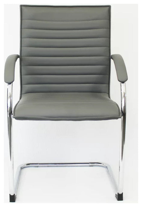 Modern Office Side Chair, Cantilever Chrome Base & Channel PU Leather Seat, Gray
