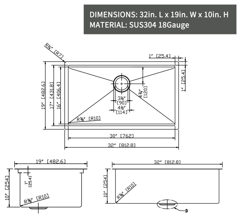 32" L X 19" W Undermount Kitchen Sink