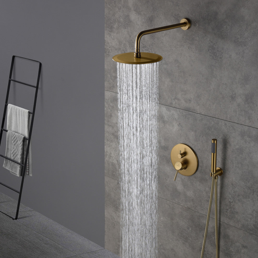CASAINC 10" Round Wall Mounted Luxury Rain Shower System with Handheld Spray, Brushed Gold