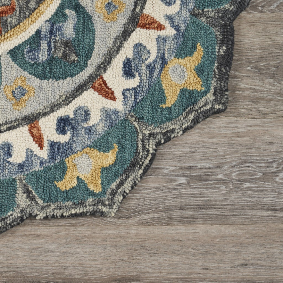4" Round Teal Decorative Floral Area Rug