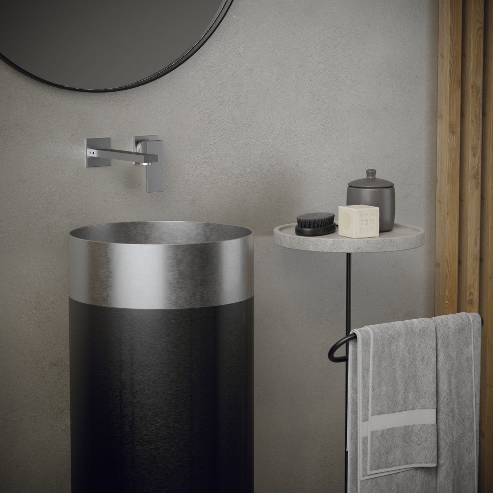 Karran Cinox Stainless Steel Round Pedestal Sink, Stainless Steel and Gunmetal Grey