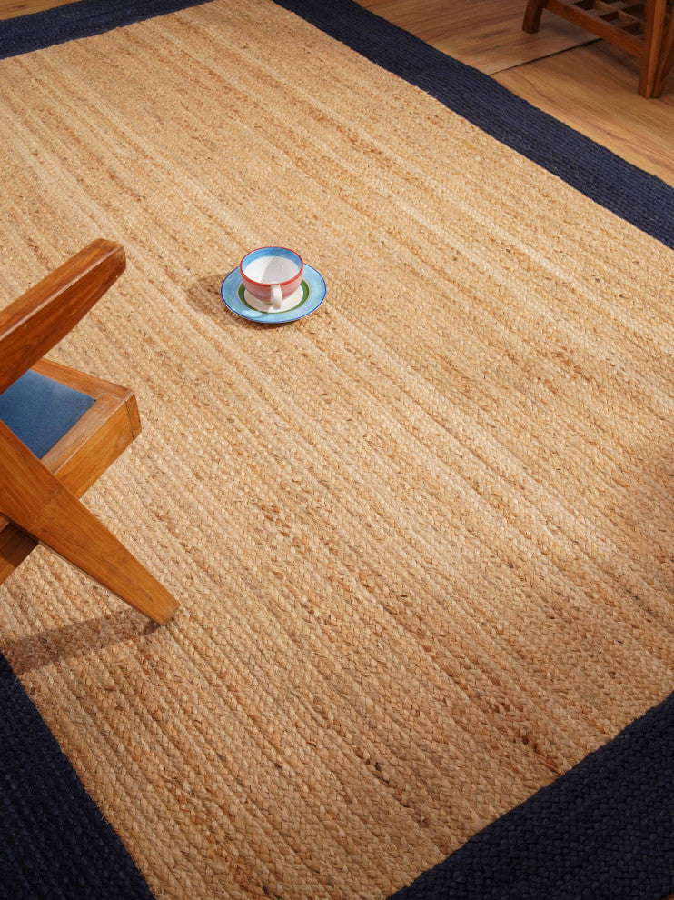 Hand Woven Jute Area Rug Contemporary Beige Blue, [Rectangle] 3'x5'
