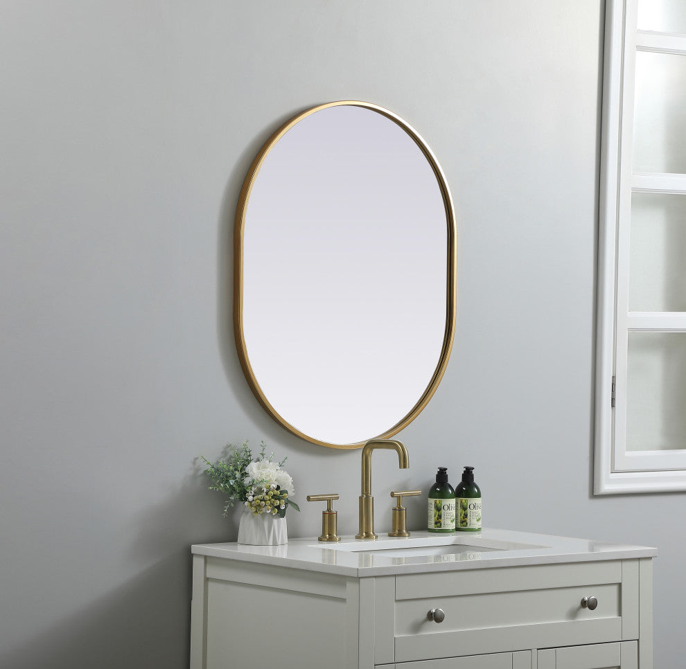 Metal Frame Oval Mirror 24X30 Inch, Brass