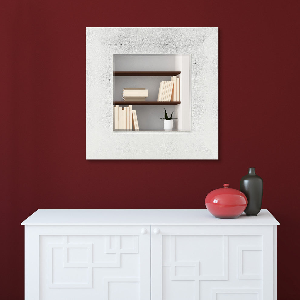 Beveled Wall Mirror, Silver on White Metallic Shagreen Leather Framed Mirror
