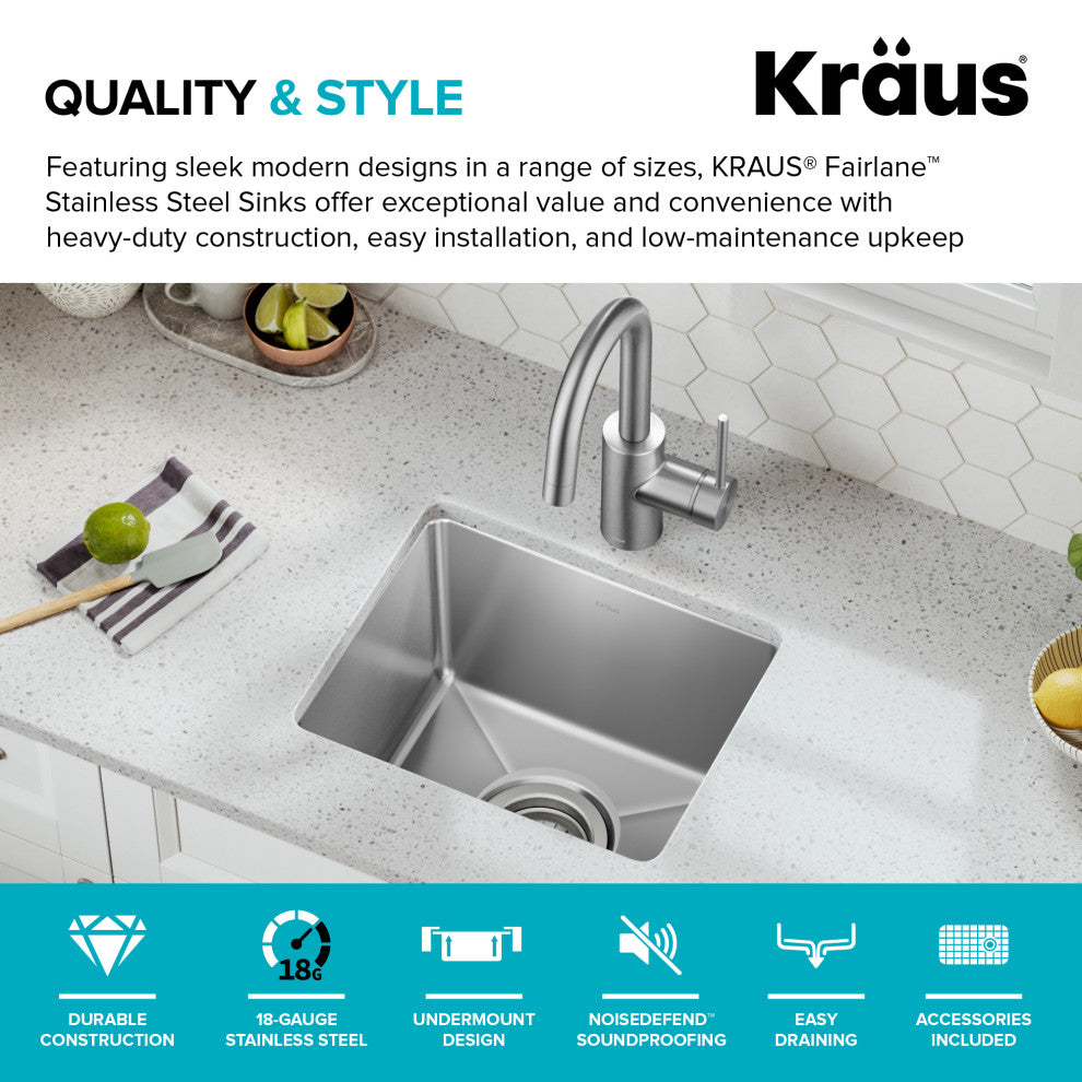 KRAUS Fairlane 15" Undermount 1-Bowl 18 Gauge Stainless Steel Kitchen Sink