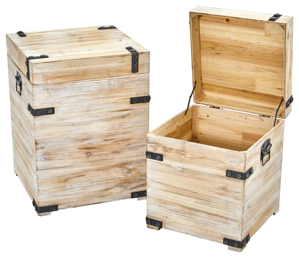 Decorative White Wash Storage Boxes With Metal Detail, 2-Piece Set