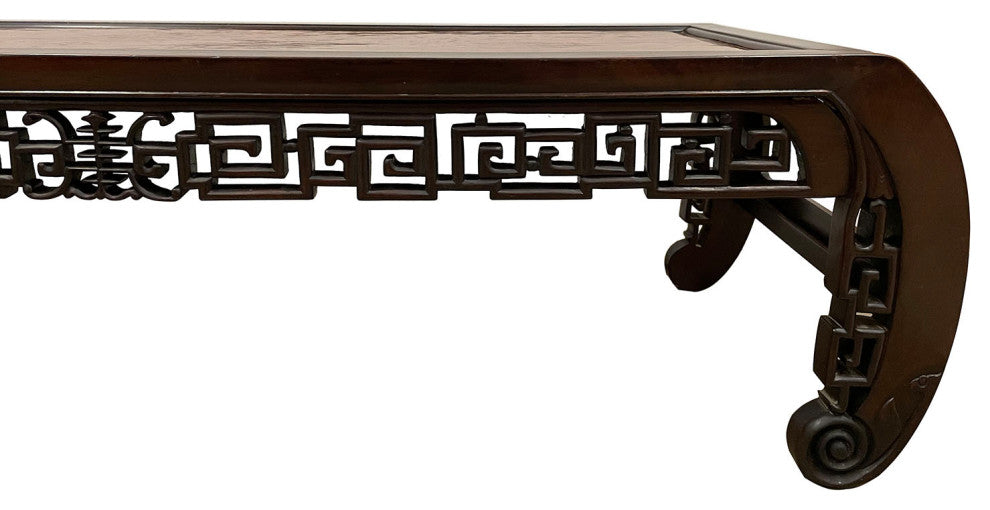 Consigned Antique Chinese Rosewood Carved Coffee Table with Burl Wood Top