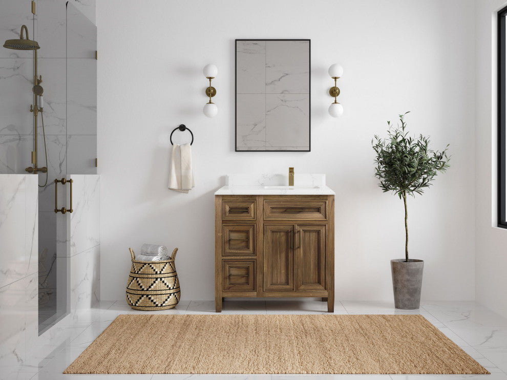 Santa Monica 36 Right Offset  Bath Vanity in Graywashed Teak 1.5" Empira Quartz