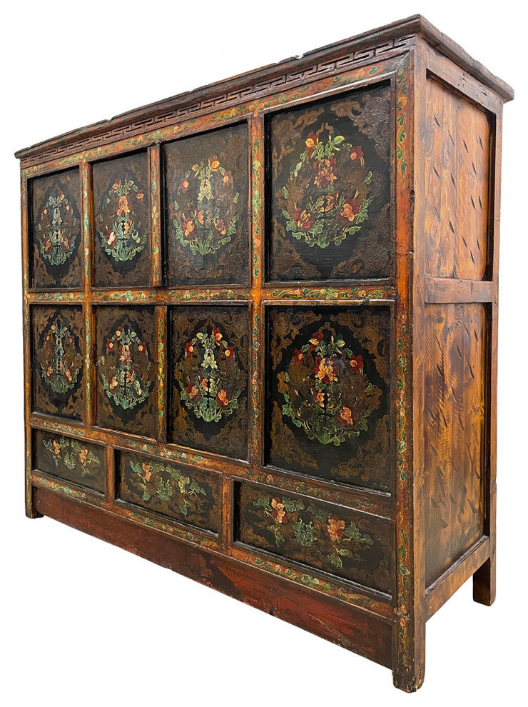 Consigned 19th Century Antique Tibetan Hand Painted Credenza Storage Cabinet