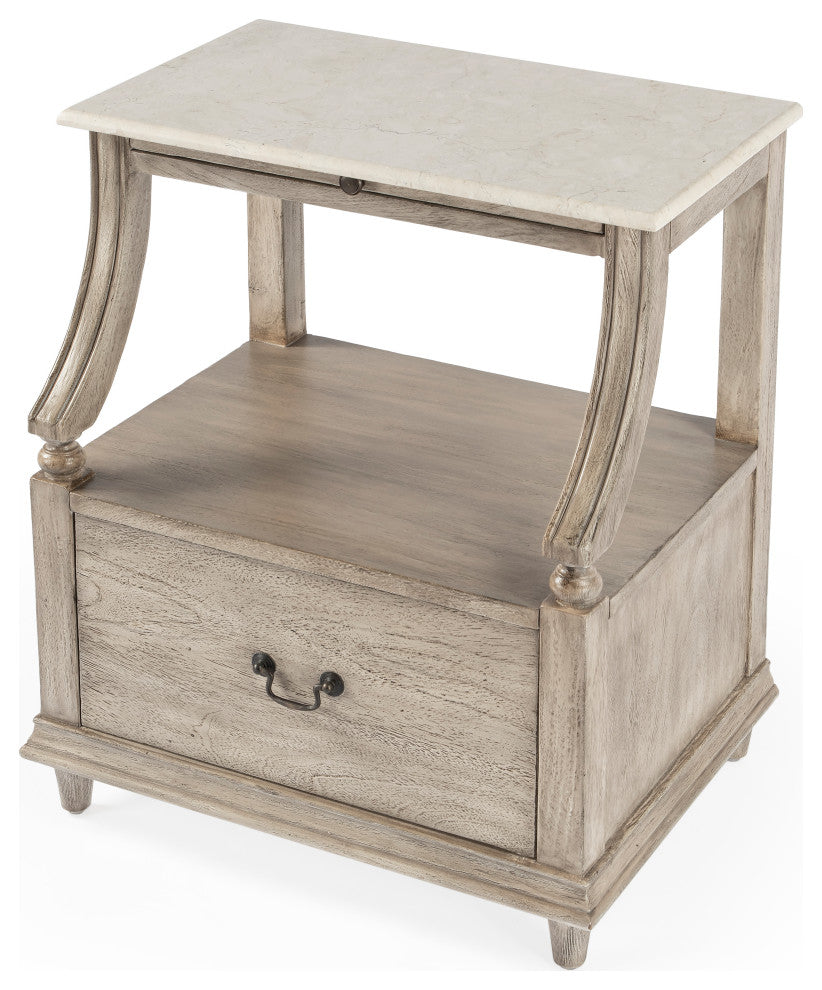 Mabel Genuine Marble and Wood 1-Drawer Nightstand, Gray