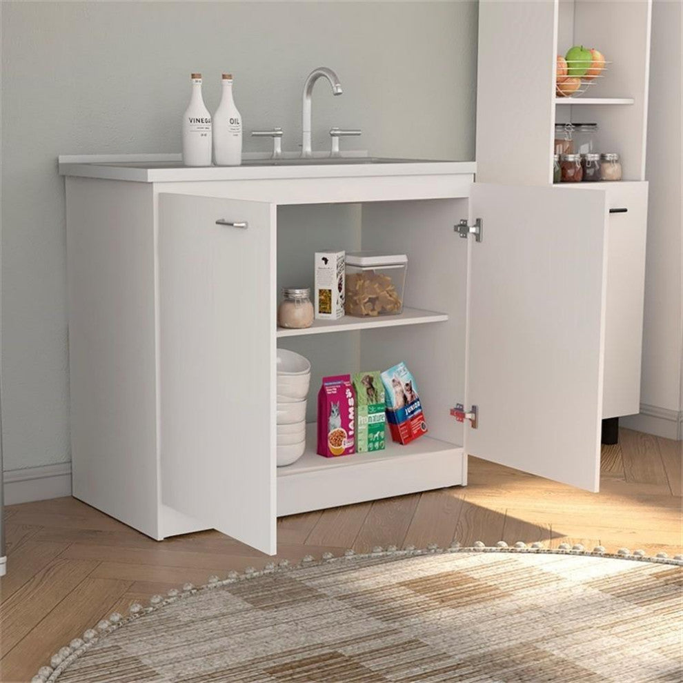 TuHome White Modern Engineered Wood Napoles Utility Sink with Cabinet