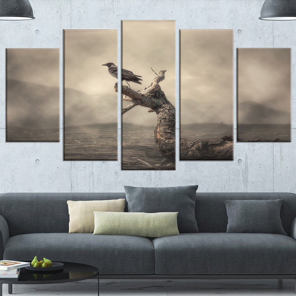 Crow Perching on Tree, Animal Canvas Art Print, 60"x32", 5 Panels