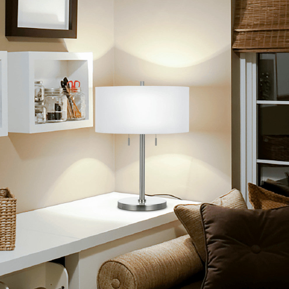 24" Nickel Metal Two Light Table Lamp With White Empire Shade