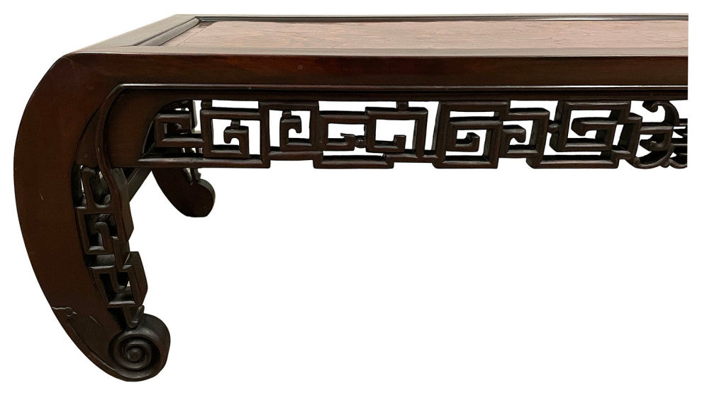 Consigned Antique Chinese Rosewood Carved Coffee Table with Burl Wood Top