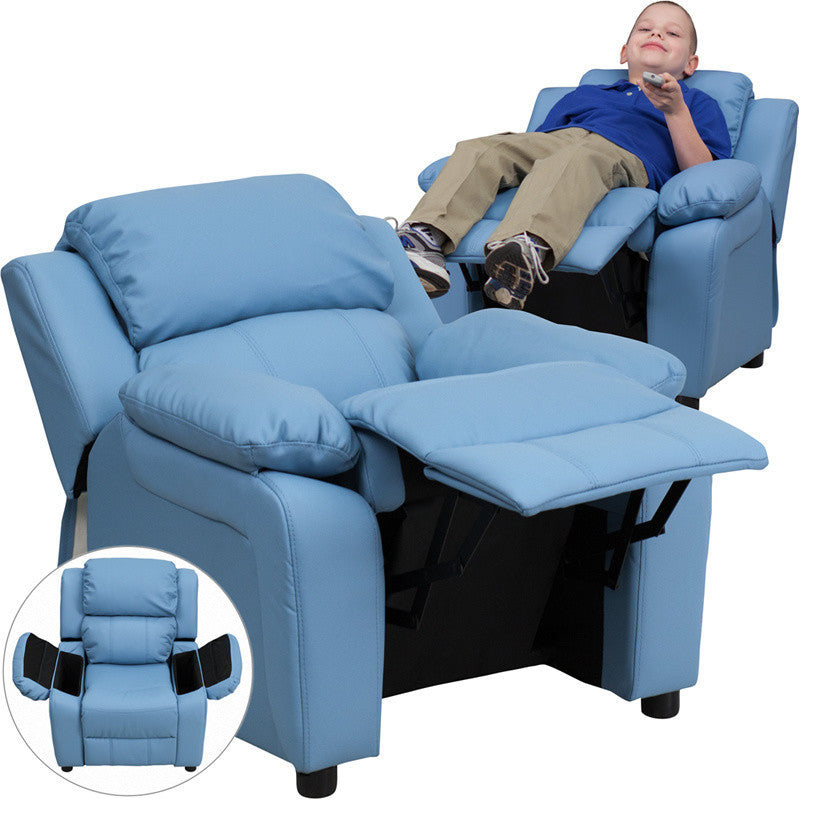 Deluxe Padded Contemporary Light Blue Vinyl Kids Recliner With Storage Arms
