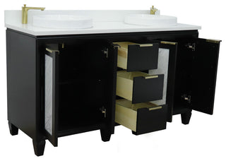 61" Double Sink Vanity, Black Finish With Engineered Stone Top And Round Sink
