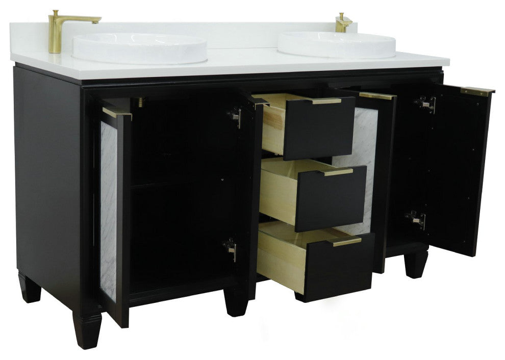 61" Double Sink Vanity, Black Finish With Engineered Stone Top And Round Sink