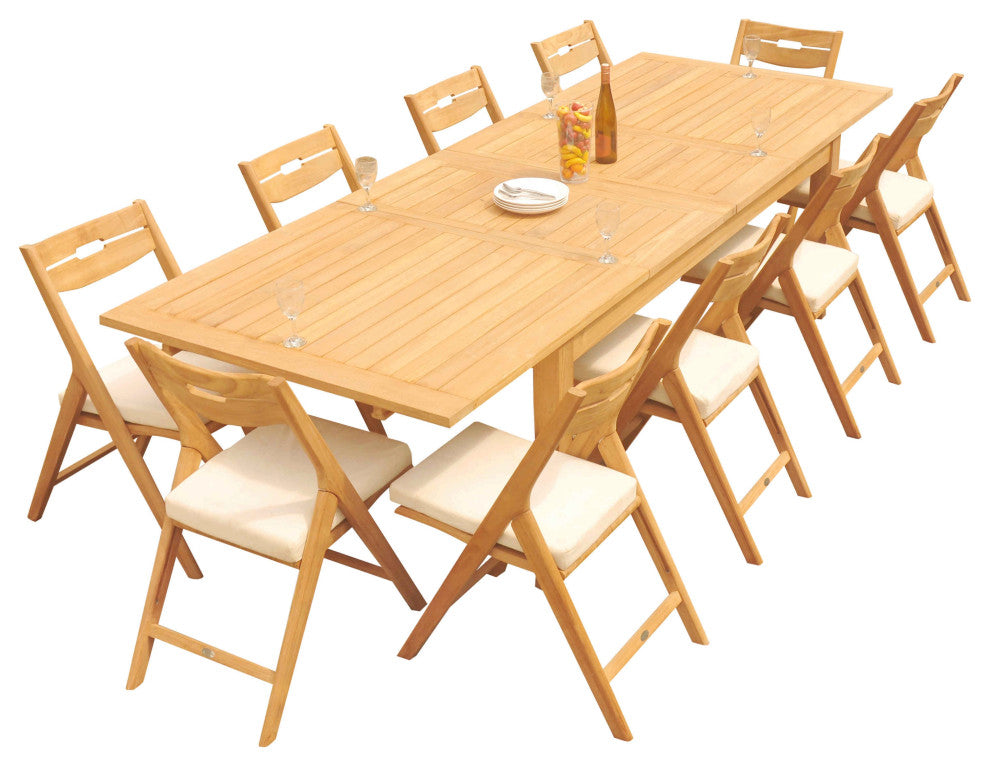 11-Piece Teak Dining Set: 122" X-Large Rectangle Table, 10 Surf Folding Chairs